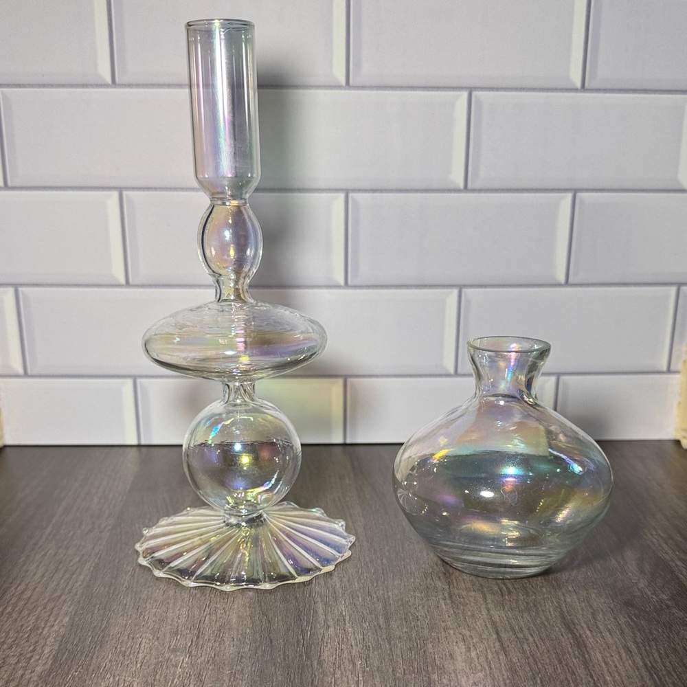 🚨 Iridescent Glass Candle Holder and bud Vase Set